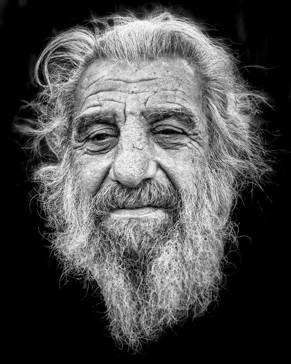 a black and white photo of a man with a beard, a black and white photo, pexels contest winner, photorealism, elderly greek goddess, a photo of a disheveled man, color portrait, looking happy