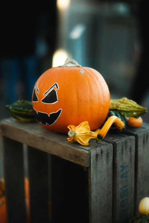 a pumpkin sitting on top of a wooden crate, pexels, 2 5 6 x 2 5 6 pixels, halloween decorations, paul barson, having a good time