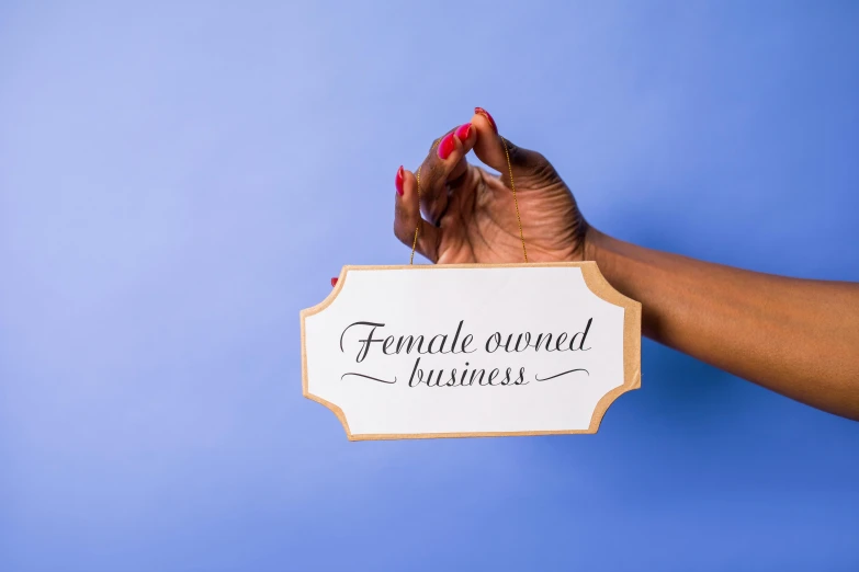 a woman holding a sign that says female owned business, an album cover, trending on pexels, essence, with a blue background, white bg, rectangle