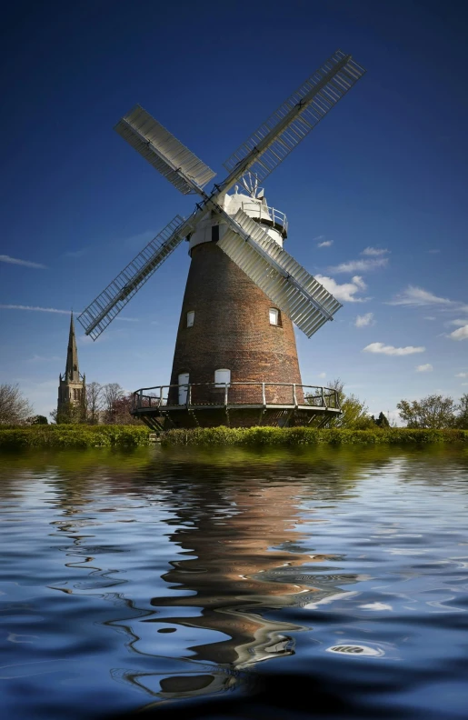 a windmill sitting on top of a body of water, inspired by John Constable, baroque, midlands, reflect, inside, closeup!!!!!