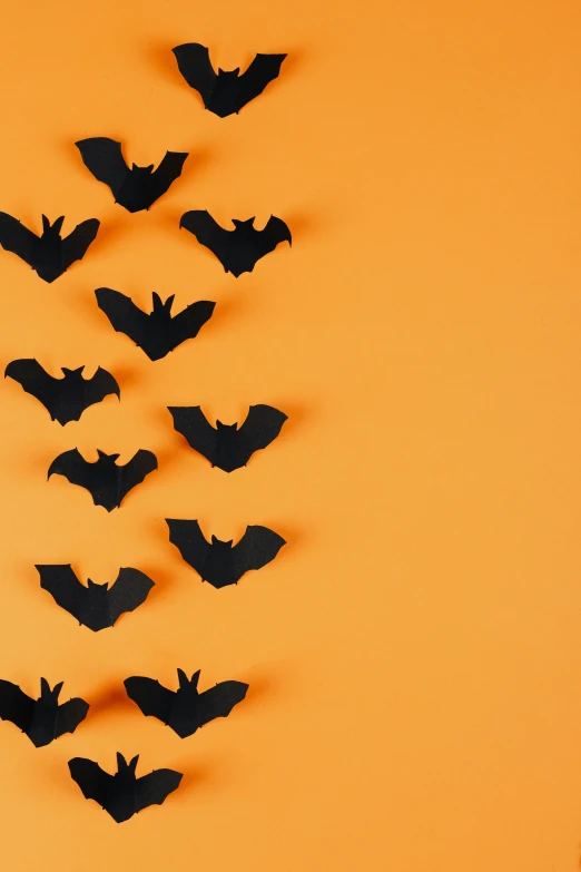 a group of bats hanging on a wall, trending on pexels, conceptual art, in front of an orange background, dark. no text, bl, list