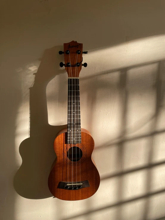 a ukulele hanging on a wall next to a window, by Robert Richenburg, volumetric light and shadow, nanae kawahara, taken on iphone 14 pro, high quality photo