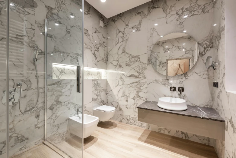 a bath room with a toilet a sink and a mirror, inspired by Tomàs Barceló, white marble interior photograph, profile image, thumbnail, stone and glass