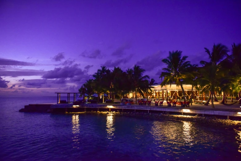 a dock filled with lots of palm trees next to a body of water, during the night, on the ocean, evening