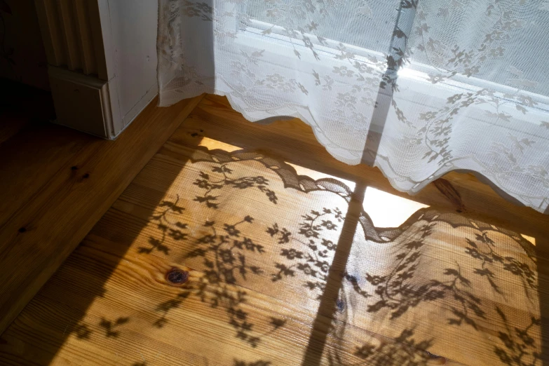 the shadow of a curtain on a wooden floor, a woodcut, inspired by Konstantin Somov, unsplash, photorealism, fine foliage lace, cottagecore, sun puddle, soft light - n 9