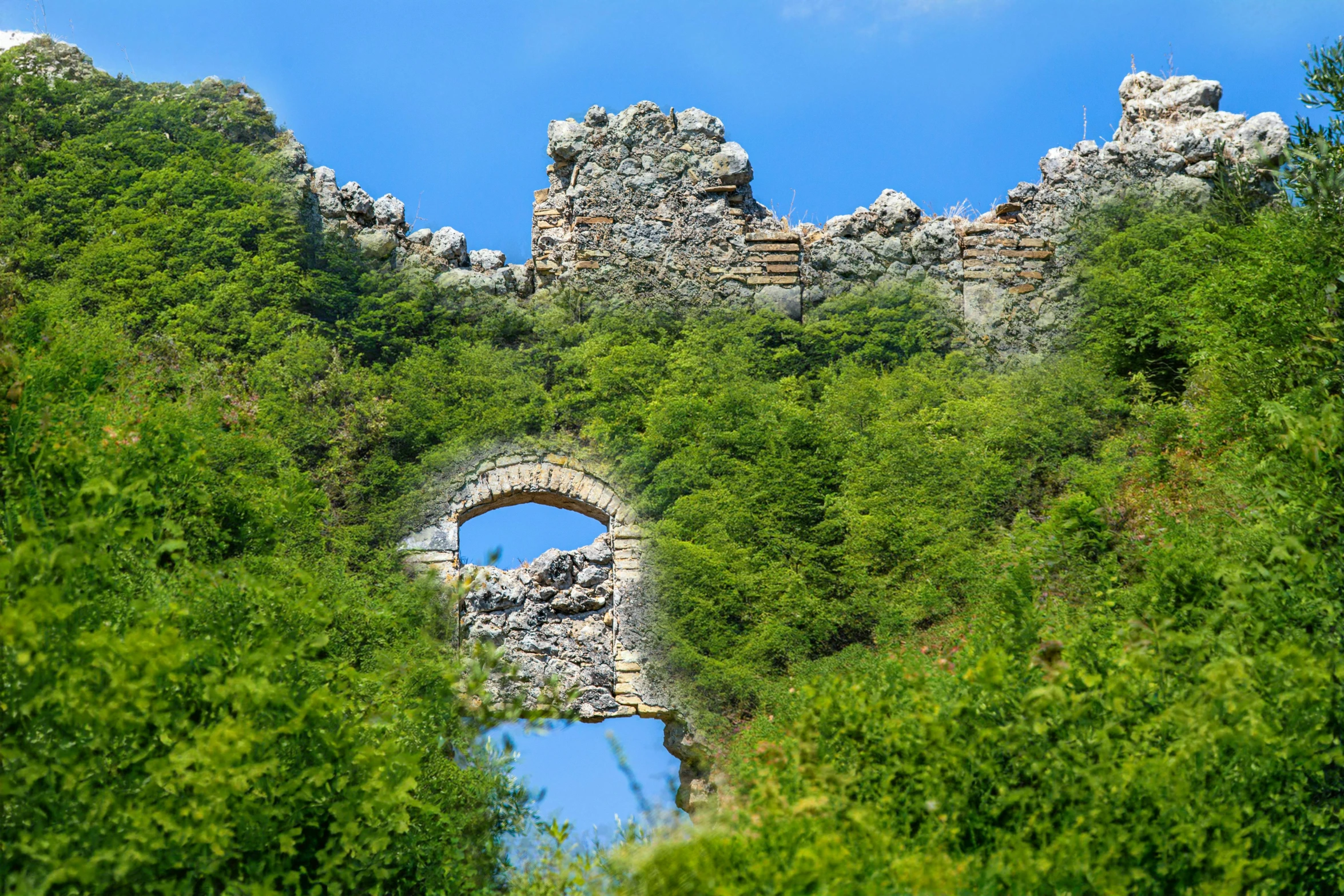 a window in the side of a stone wall, an album cover, by Muggur, pexels contest winner, renaissance, ruined castle, archways made of lush greenery, georgic, panoramic