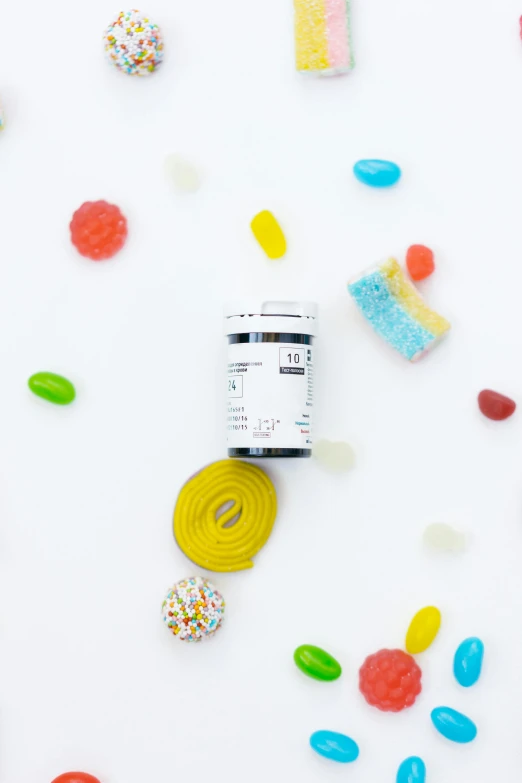 a jar of gummy sitting on top of a table, inspired by Larry Zox, products shot, wired, on a white table, medical labels