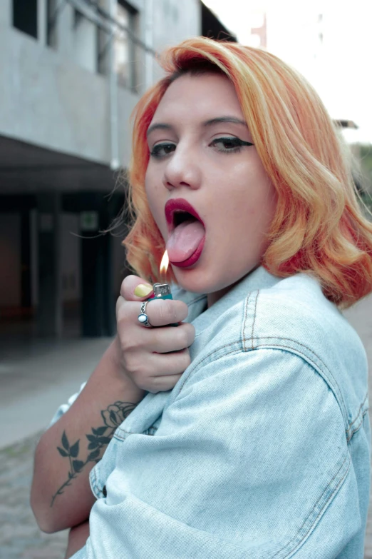 a woman with a cigarette sticking out of her mouth, inspired by Elsa Bleda, featured on reddit, pop art, bright orange hair, low quality photo, thicc, shot on sony a 7