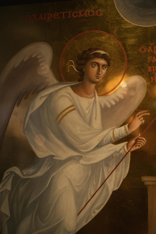 a painting of an angel holding a staff, an album cover, inspired by Theophanes the Greek, pexels contest winner, orthodox icons, paul barson, banner, high quality image