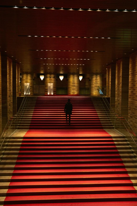 a person walking down a red carpeted staircase, during the night, pritzker architecture prize, big hall, [ theatrical ]
