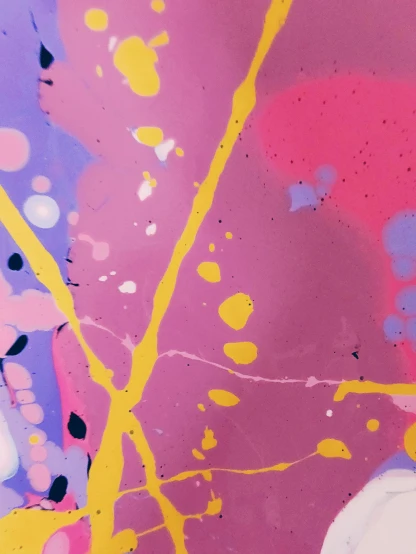 a close up of a painting on a wall, inspired by Sam Francis, pink and yellow, animation still, ilustration, vivid)