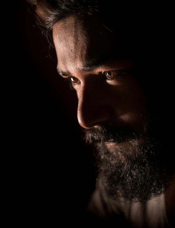 a close up of a man with a beard, a character portrait, inspired by Yousuf Karsh, unsplash, hurufiyya, portrait of jesus christ, captured in low light, meet the actor behind the scenes, profile image