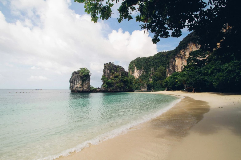a large body of water next to a sandy beach, thai, cliffs, flatlay, white sand