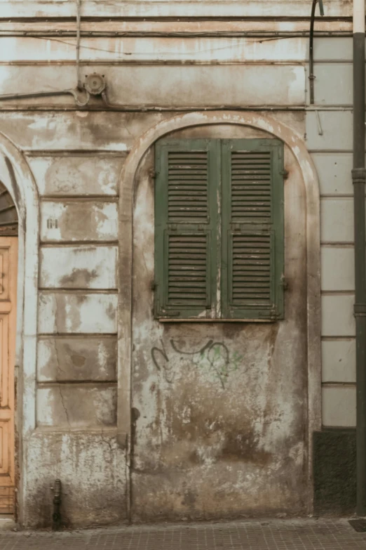 a couple of people that are standing in front of a building, inspired by Carlo Maderna, trending on unsplash, renaissance, rustic and weathered, green and brown color palette, shutters, neighborhood outside window