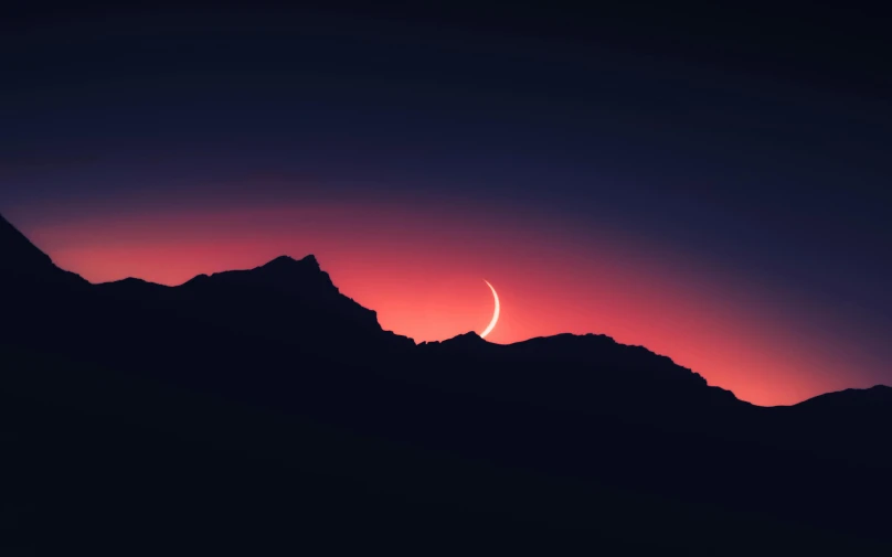 the sun setting behind a mountain with a crescent in the sky, trending on unsplash, minimalism, moonlit nightscape, spaceengine, esthetic photo, ☁🌪🌙👩🏾