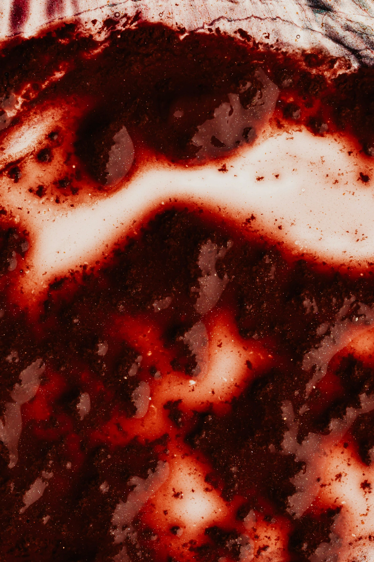 a close up of a plate of food on a table, a microscopic photo, inspired by Anish Kapoor, reddit, turbulent blood lake, video game texture, abstract album cover, galaxy