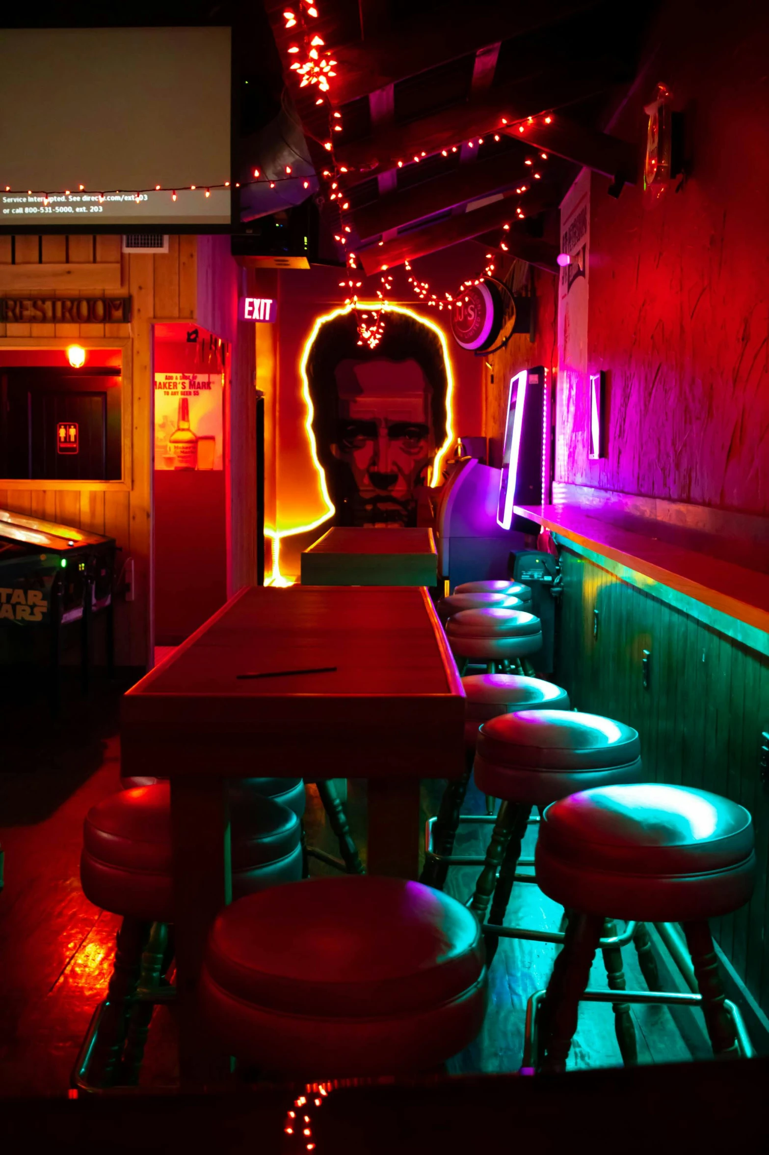 a bar with a lot of stools and neon lights, an album cover, tyler durden, f/5.6, photograph, medium portrait