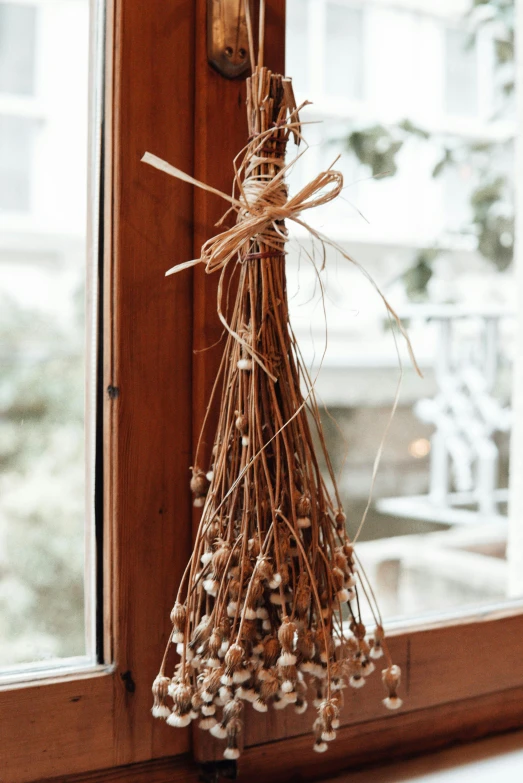 a bunch of dried flowers hanging on a window sill, by Helen Stevenson, hurufiyya, light tan, acorns, made of spaghetti, full product shot