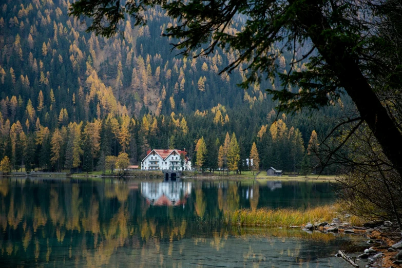 a house sitting on top of a lake next to a forest, by Sebastian Spreng, pexels contest winner, vouge italy, spruce trees, autum, a cozy