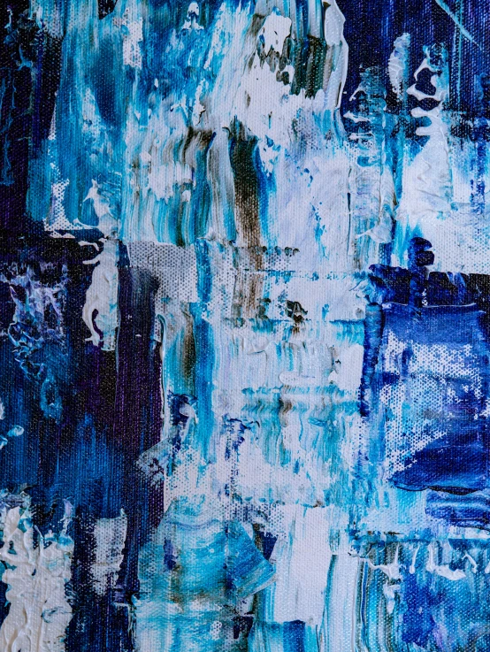 a painting of blue vases on a wall, an abstract painting, unsplash, in an ice storm, in thick layers of rhythms, (waterfall), close-up print of fractured