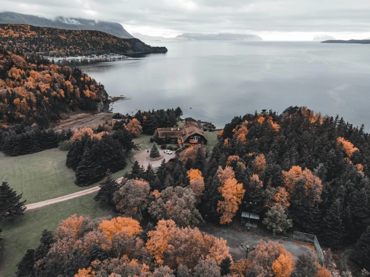 an aerial view of a lake surrounded by trees, by Jesper Knudsen, pexels contest winner, gray and orange colours, lake house, patagonian, peaceful wooden mansion