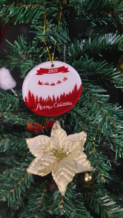 a close up of a christmas ornament on a tree, fresh from the printer, official product photo, n7, thumbnail