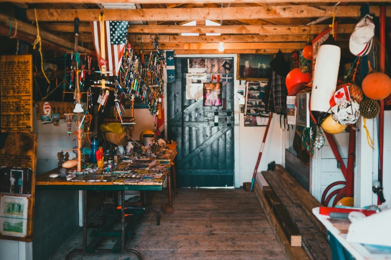 a room with a bunch of items hanging from the ceiling, pexels contest winner, assemblage, workbench, inside a shed, profile image, 🦩🪐🐞👩🏻🦳