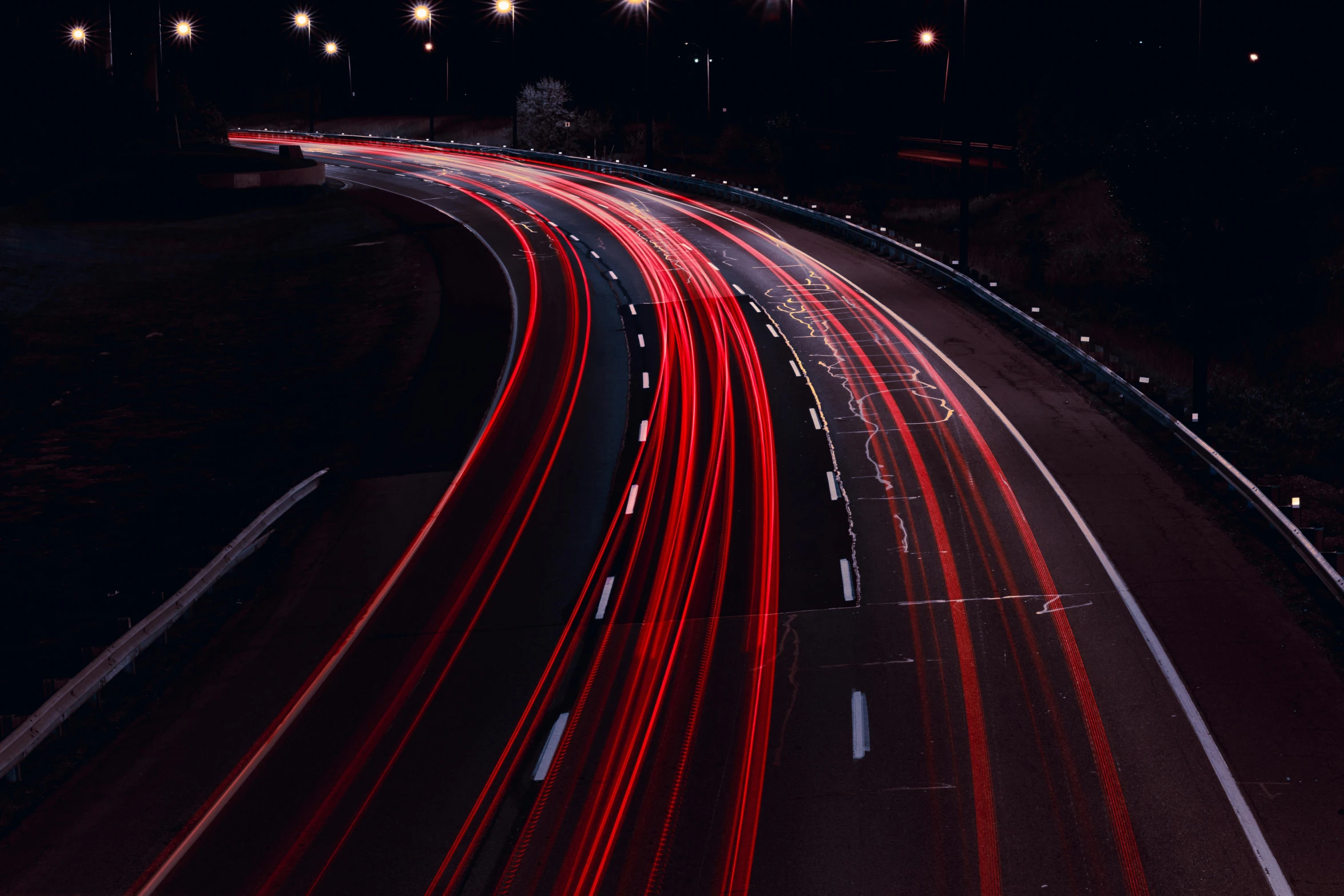 a highway filled with lots of traffic at night, an album cover, unsplash contest winner, thin red lines, speed, instagram post, chromatic