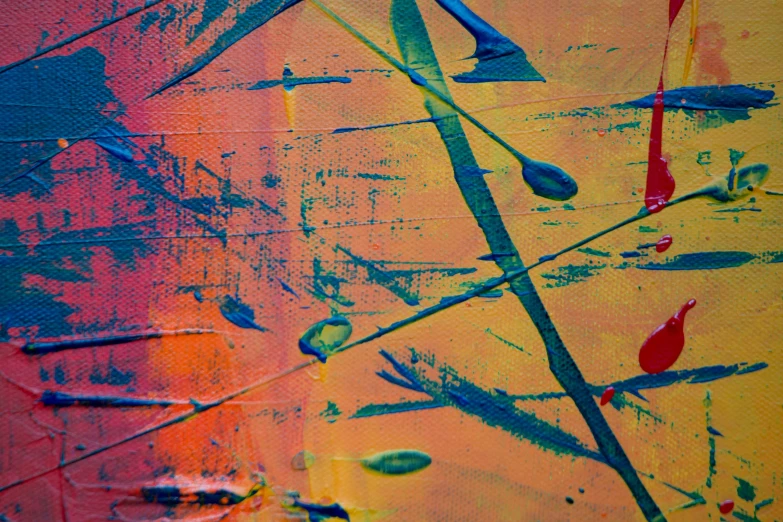 a close up of a painting with paint splatters on it, flickr, 144x144 canvas, saturated colors, at sunrise, graphic art