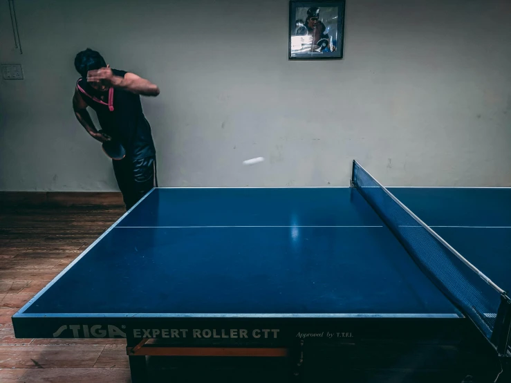 a man standing next to a blue ping pong table, by Matija Jama, unsplash contest winner, working out, on a table, asian male, dark taint :: athletic