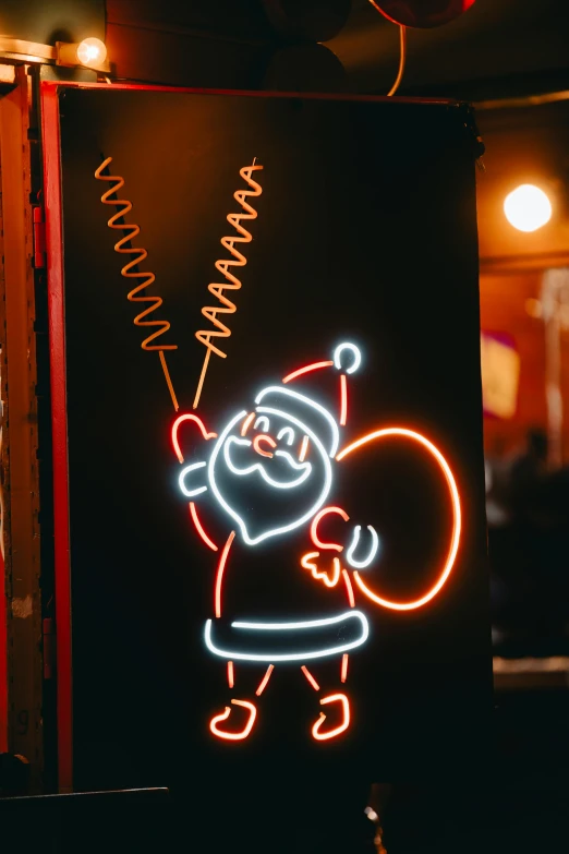 a neon sign with a santa clause on it, a cartoon, pexels, graffiti, mid shot portrait, black, holiday, hanging