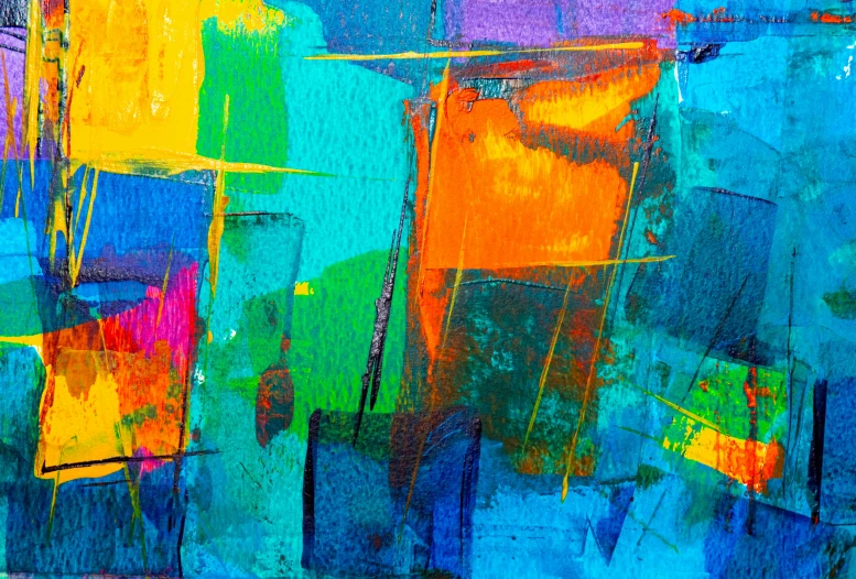 a painting with a lot of colors on it, by Micha Klein, pexels, abstract art, cyan and orange, abstract blocks, neoexpressionism