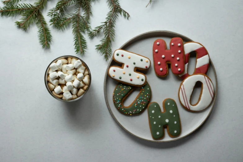 a white plate topped with cookies and marshmallows, by Emma Andijewska, bubble letters, holiday season, h. u. d, official product photo