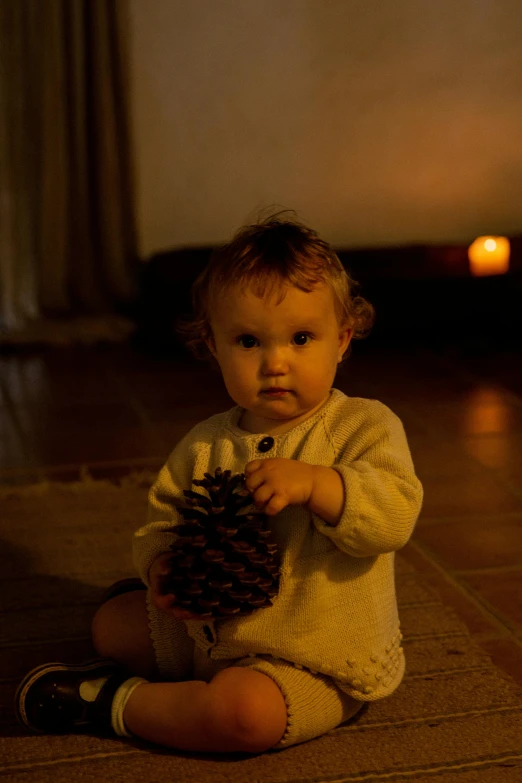 a baby sitting on the floor holding a pine cone, inspired by Margaret Geddes, process art, dramatic candlelight, cosy atmosphere, looks at the camera, standing in a dimly lit room