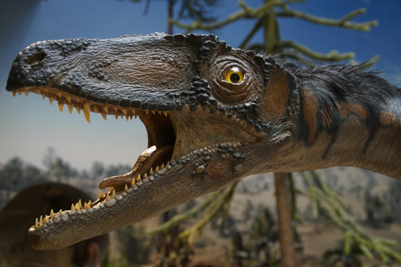 a close up of a dinosaur with its mouth open, photorealism, diorama, 🦩🪐🐞👩🏻🦳, photograph credit: ap, digital model