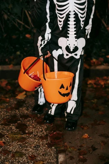 a little boy dressed up in a skeleton costume, by Everett Warner, pexels, holding a bucket of kfc, gif, hivis, detail shot