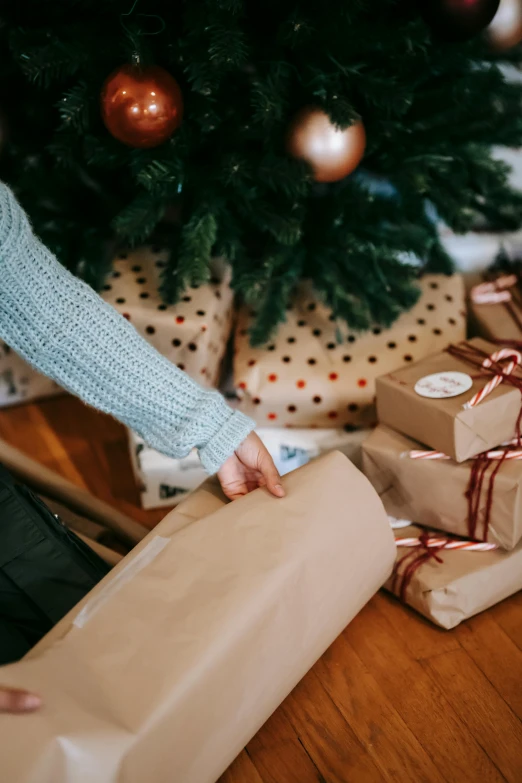 a woman opening presents under a christmas tree, by Alice Mason, pexels contest winner, brown paper, labels, detailed product shot, gif