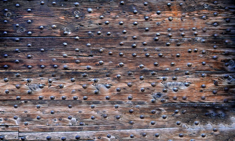 a close up of a wooden surface with rivets, inspired by Robert Campin, unsplash, renaissance, medieval gates, varying dots, 2 0 0 0's photo