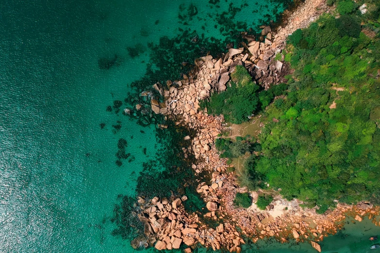 an aerial view of a large body of water, a screenshot, pexels contest winner, rocky shore, tropical paradise, random background scene, a green