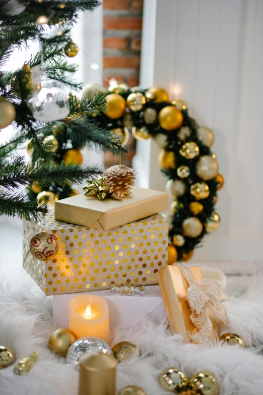 a christmas tree sitting next to a pile of presents, a portrait, shutterstock, baroque, white and gold color scheme, sun lighting, gif, candlelit