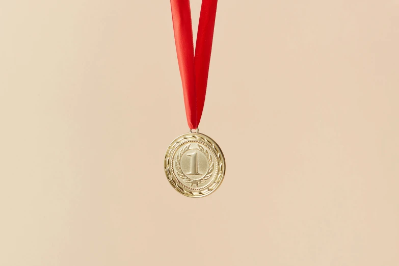 a gold medal hanging from a red ribbon, an engraving, by Julia Pishtar, unsplash contest winner, arabesque, on a pale background, miniature product photo, 3/4 front view, golden number