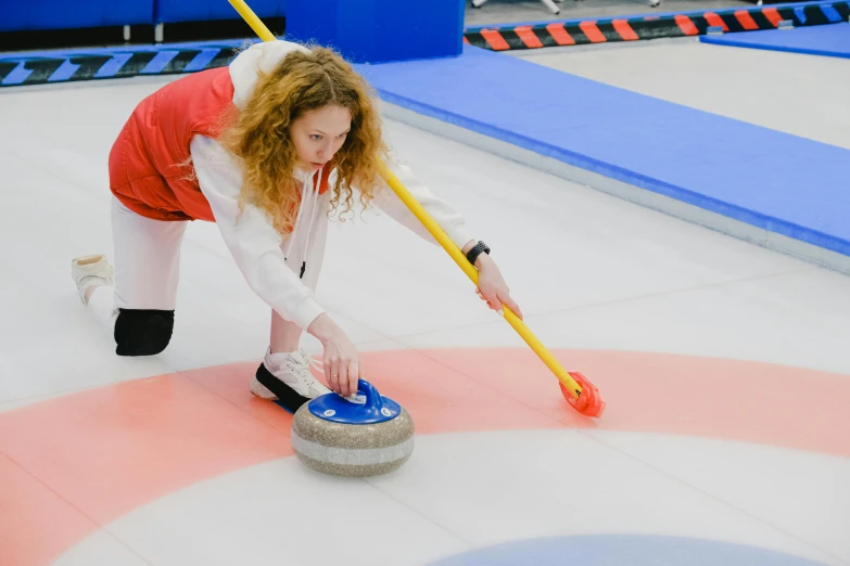 a woman bending over to throw a curling stone, by Julia Pishtar, 15081959 21121991 01012000 4k, white, lightweight, decorative