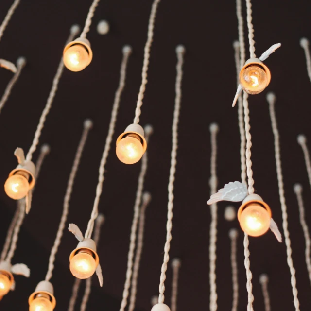 a bunch of lights hanging from a ceiling, pexels contest winner, light and space, cute details, fireflys, porcelain, anna nikonova