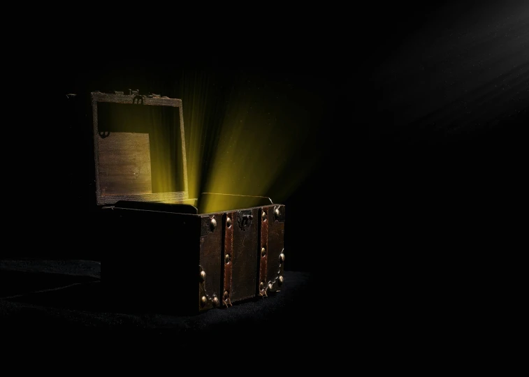 a chest with a light coming out of it, pexels contest winner, holography, yellow lighting from right, trending on mentalray, treasure, theatre equipment