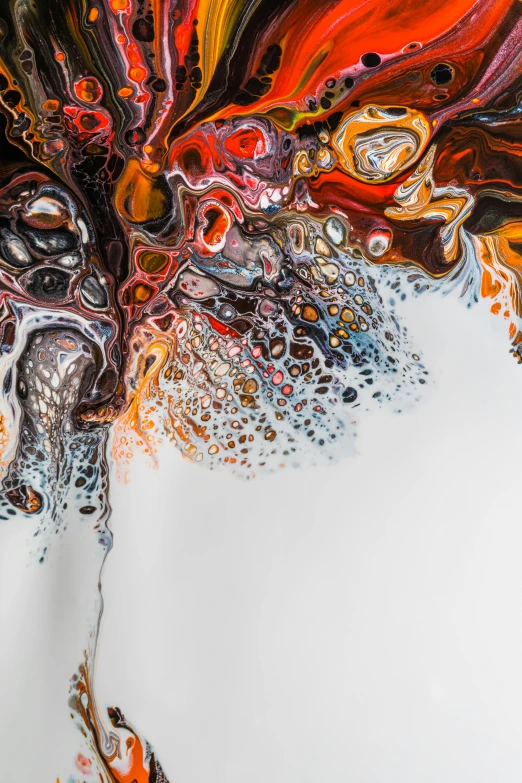 a close up of a painting on a wall, an ultrafine detailed painting, trending on unsplash, abstract art, made of ferrofluid, gray and orange colours, with a white background, colourful slime