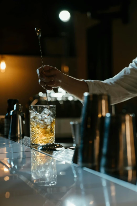a bartender prepares a drink at a bar, by Austin English, trending on unsplash, renaissance, long shot from back, evening light, ignant, with a straw