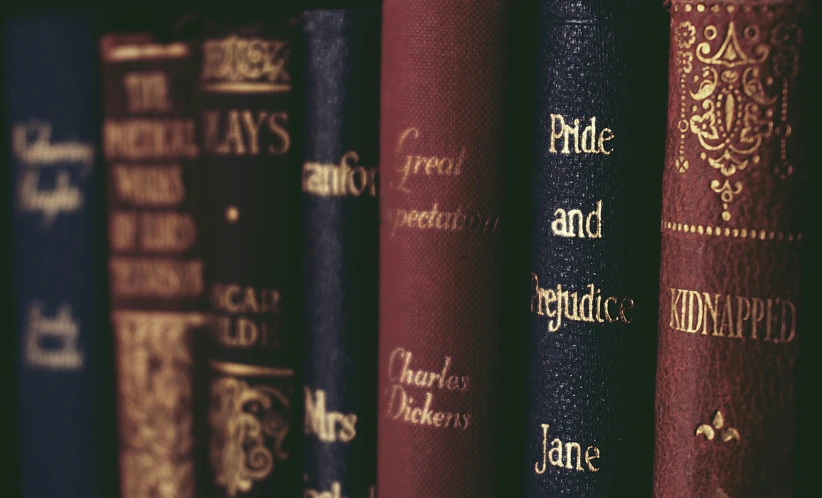 a row of books sitting on top of a shelf, pride and prejudice, a close-up, engraved, instagram post