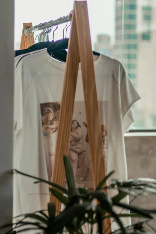 a t - shirt hanging on a clothes rack next to a potted plant, a picture, by Matija Jama, renaissance, made of bamboo, candid portrait photo, close - up photo, wearable art