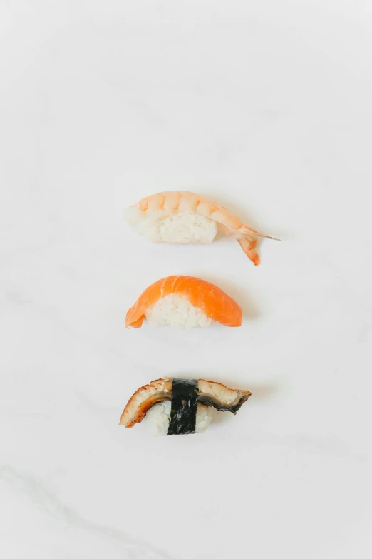 a group of sushi sitting on top of a white counter, inspired by Nishida Shun'ei, unsplash, purism, 3 - piece, shrimp, jen atkin, portrait of small