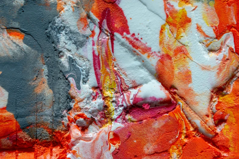 a close up of a painting on a wall, an ultrafine detailed painting, inspired by Willem de Kooning, unsplash, abstract expressionism, gray and orange colours, molten plastic, tie-dye, full of colour 8-w 1024